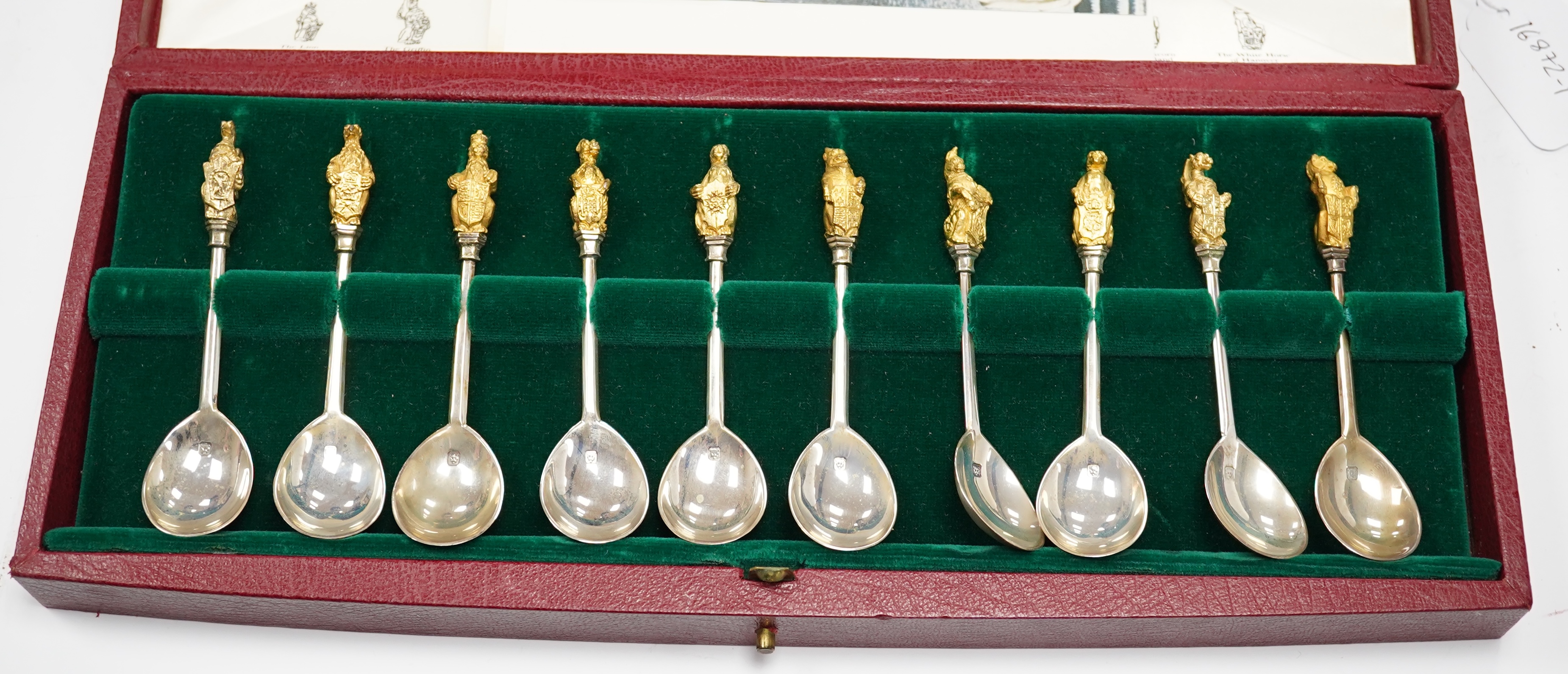 An Elizabeth II cased set of ten parcel gilt silver limited edition 'The Queens Beasts' commemorative spoons, by William Comyns & Sons Ltd, London, 1972, 11.8cm, 10.7oz. Condition - fair to good